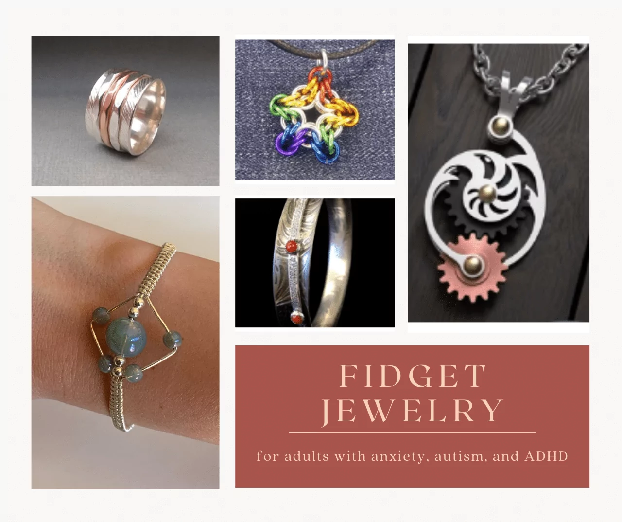 Fidget jewelry for neurodiverse adults with autism, ADHD, anxiety, and sensory needs.