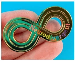 Neurodivergent infinity symbol pins and stickers.