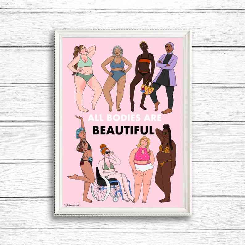 All Bodies Are Beautiful art print featuring women of color, fat women, and disabled women celebrating their bodies.