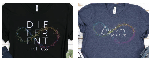 Autism acceptance -- we are different, not less. Black and blue heather t-shirts.
