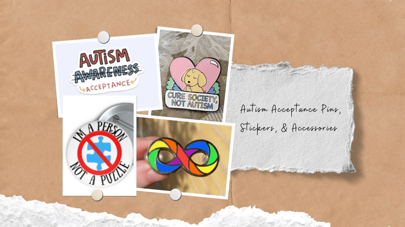 Autism pins, stickers, keychains, and other accessories that celebrate neurodiversity.