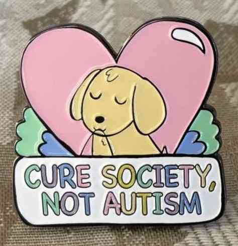 Cure society, not autism pin, with a dog and heart on it.