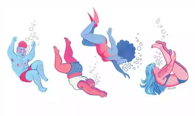 Women, trans women, and trans men swimming joyfully.