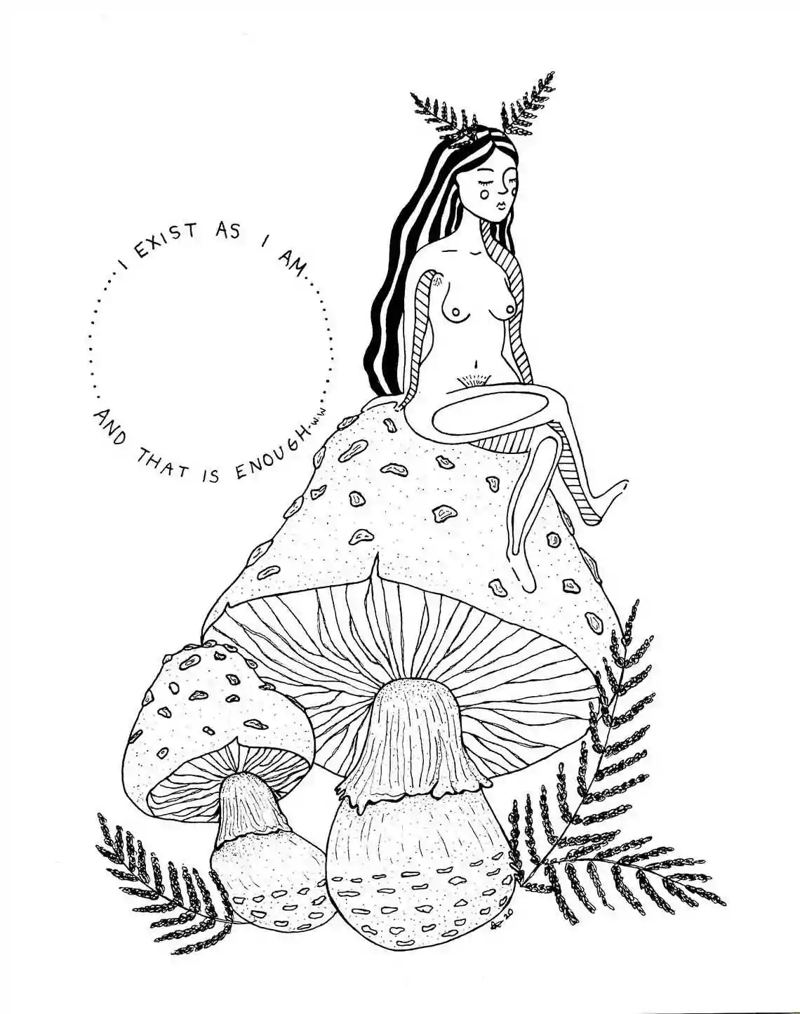 Drawing of a woman sitting on a mushroom.