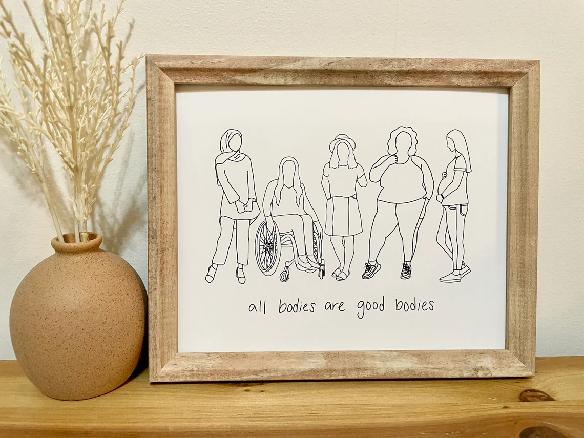 All bodies are good bodies - line art featuring diverse women including a woman in a wheelchair.