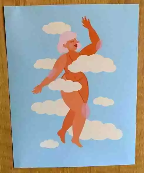 Curvy woman in the clouds - body positivity art.