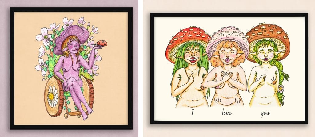 Mushroom Babes - body positivity art with a wheelchair user and three women signing I Love You in British Sign Language.