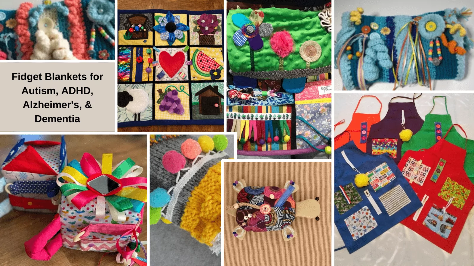 Fidget blankets and aprons for people with autism, ADHD, Alzheimer's disease, and dementia. Collage of activity pads, fiddle muffs, and busy boards in many colors.