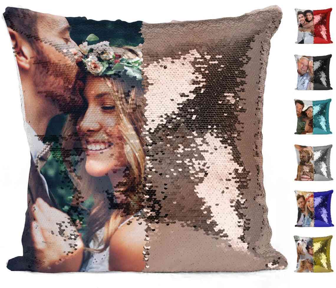Reversible sequin pillow case with custom photo.