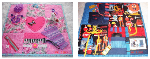 Sensory lap quilts themed around pink flowers, music, and construction.