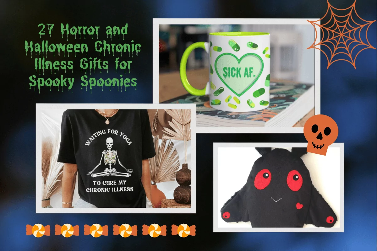 Halloween chronic illness gifts. Mug with pills and text reading Sick AF in dripping lettering. Tshirt with skeleton -- waiting for yoga to cure my chronic illness. Mothman heating pad.