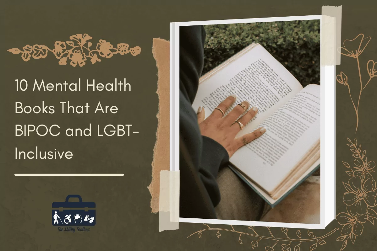Mental health books that are inclusive of BIPOC and LGBTQ communities. Image shows the hands of a Black woman reading a book.