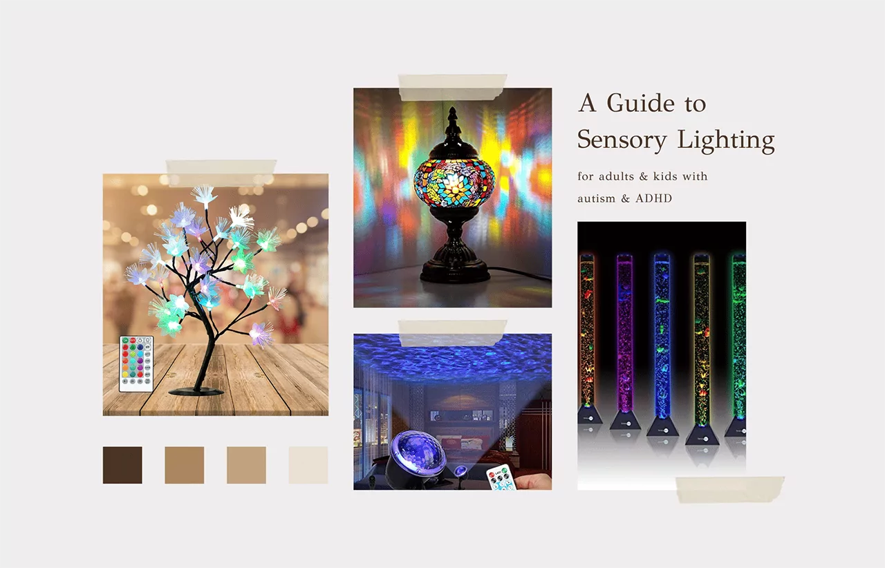 Sensory lights for autism and ADHD. Collage of lighting including bubble tube, galaxy projector, tree lamp, and Moroccan lamp.
