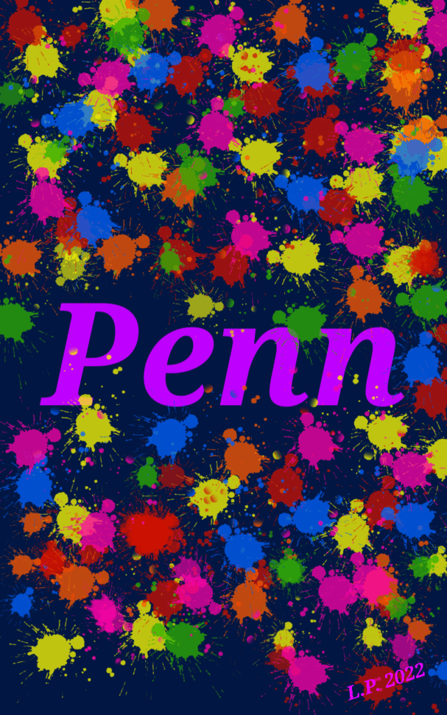 Image is the word "Penn" written in purple surrounded by colorful paint splatters on a black background.