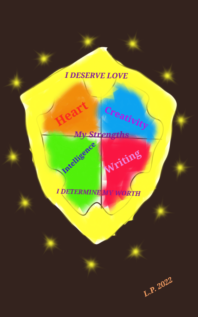Image is a colorful shield in orange, blue. green, and red. It is also outlined in yellow and has yellow sparkles around it. On the shield where the colors are, there are the words "heart", "creativity", "intelligence" "writing". At the top and bottom of the shield are the words, "I deserve love. I determine my worth."