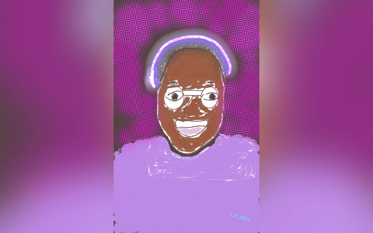 Inner child art. Self-portrait by Penn. A queer Black person wearing glasses.