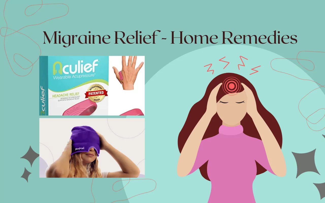 Migraine relief -- home remedies including headache hat and acupressure hand clip.