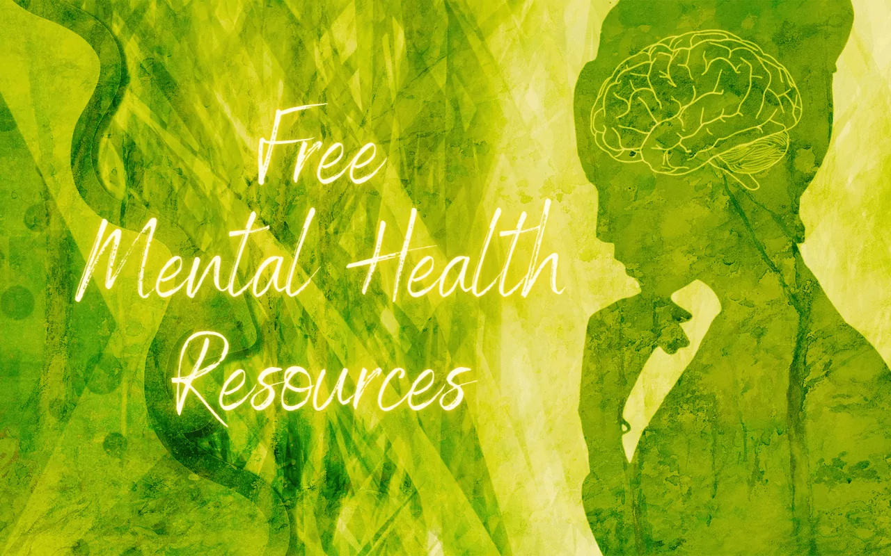 Free mental health resources. Drawing of a woman in silhouette with inset outline of brain.