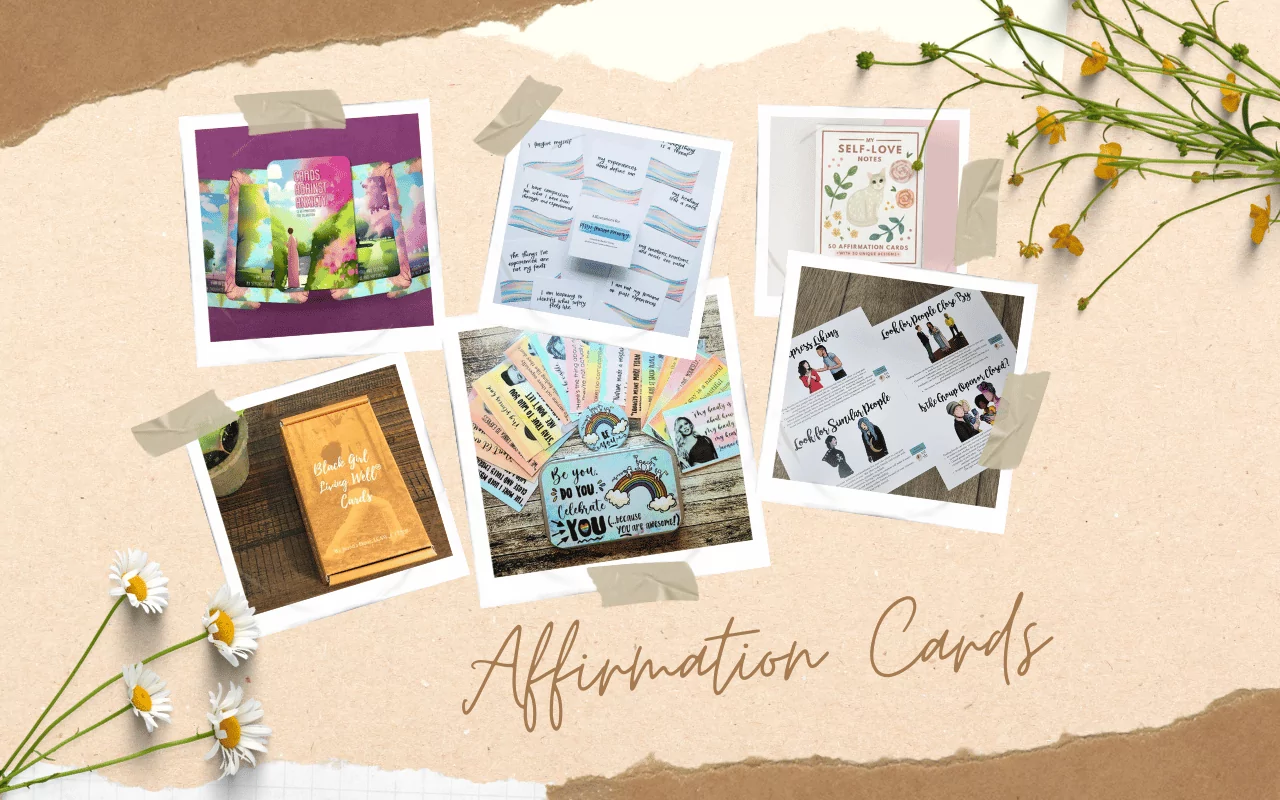 Affirmation cards and therapy cards for mindfulness, meditation, and self-care. Collage of card decks with beautiful art and messages.