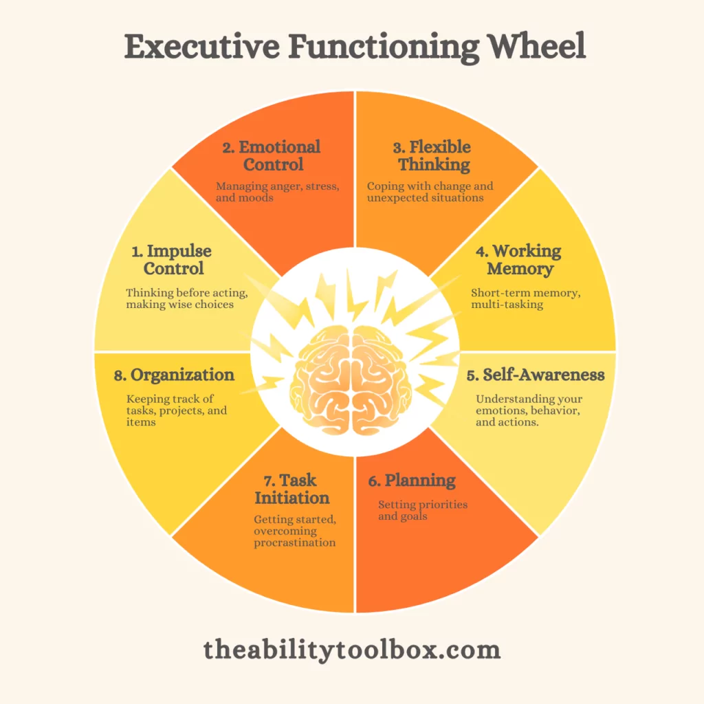 Executive Functioning Wheel: divided into 8 pie pieces illustrating categories of executive function.
