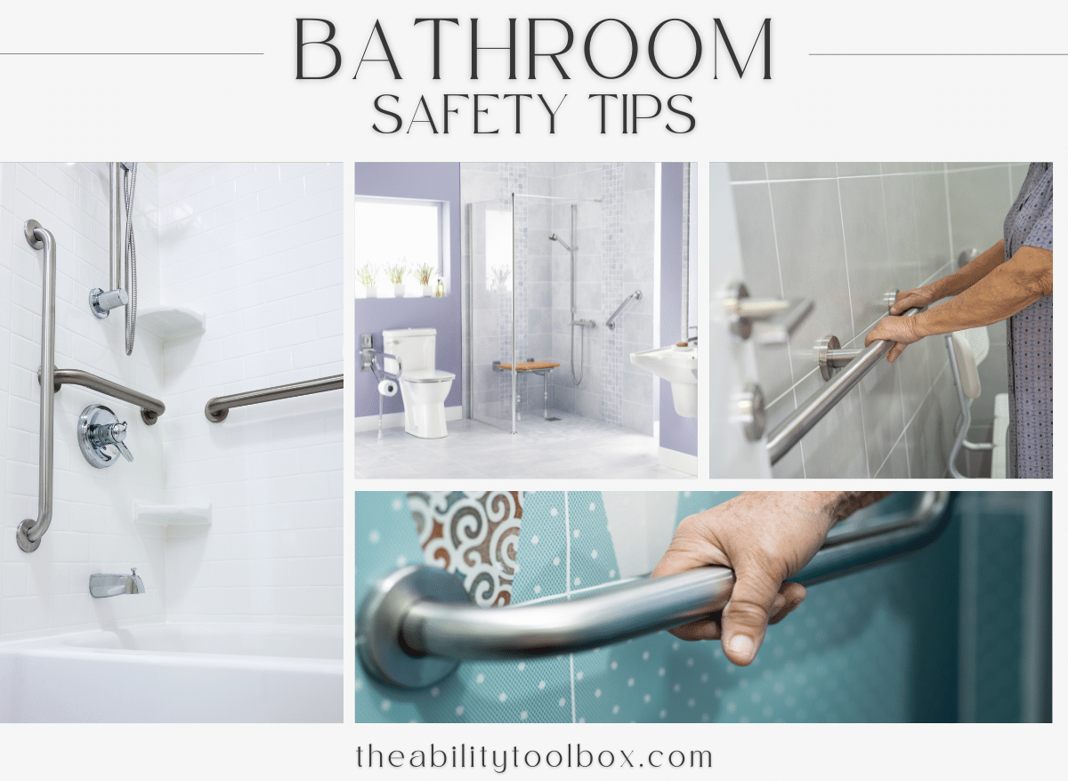 Bathroom safety tips for seniors and people with disabilities. Collage of items to prevent slips and falls.