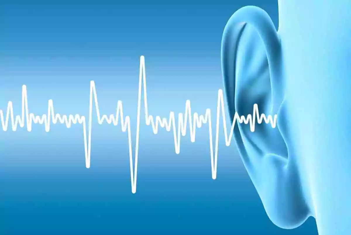 Tinnitus treatment and relief. Image of human ear with sound waves.