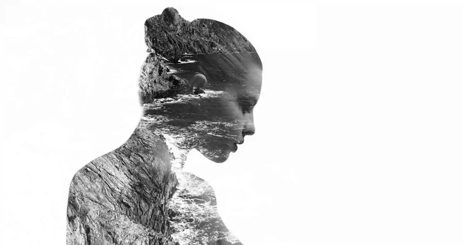 Types of mental health stigma. Double exposure photo of woman with ocean.