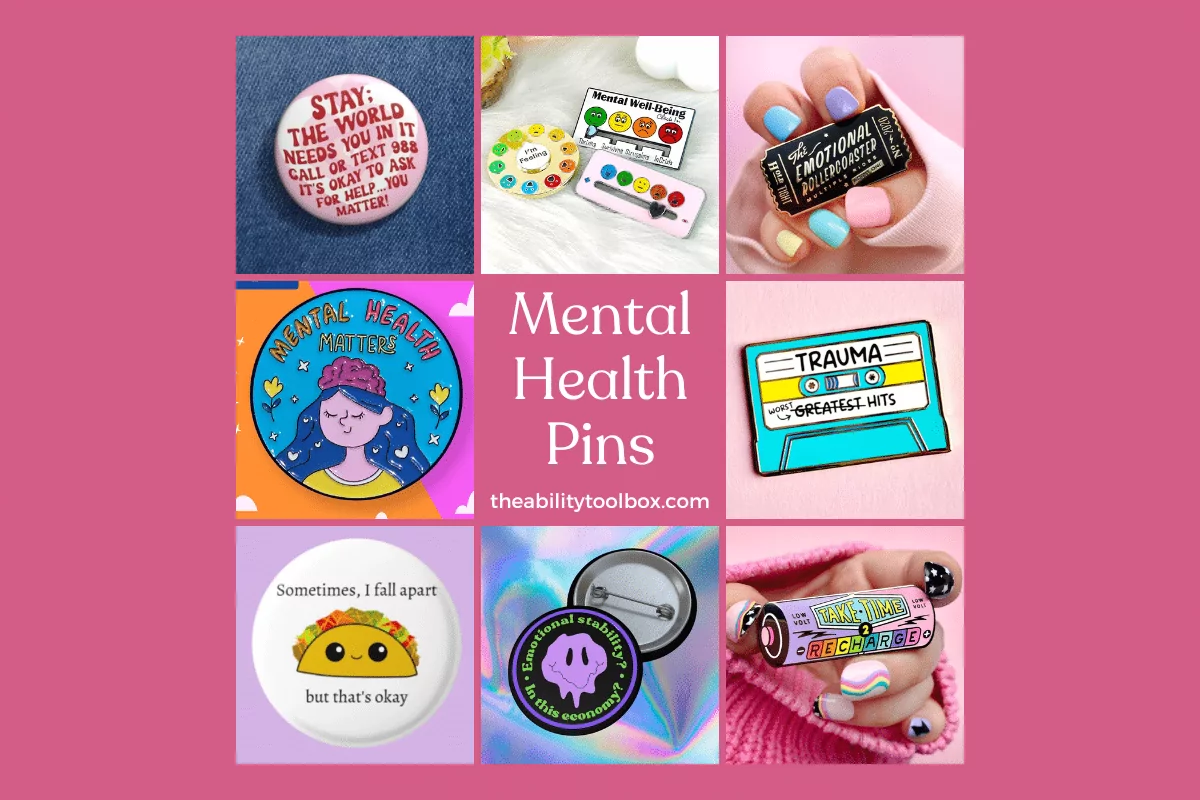 Mental health pins and buttons, raise mental illness awareness and end stigma. Collage of enamel pins.