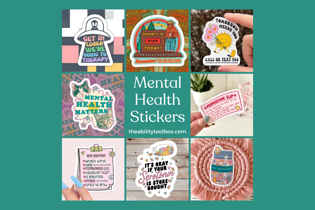 Mental health stickers. Collage of awareness and funny decals for car, laptop, water bottle, etc.