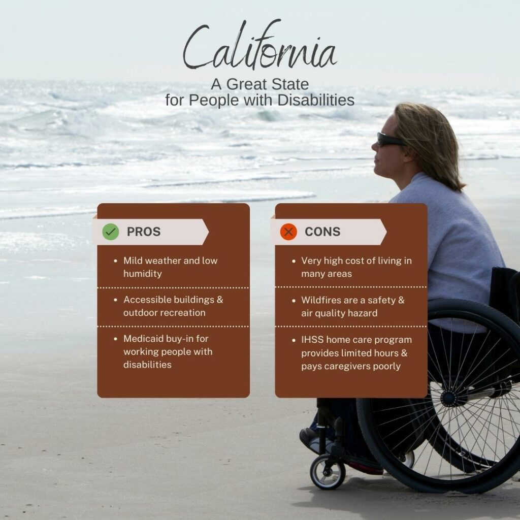 California is one of the best states for people with disabilities due to its mild weather and near-universal wheelchair accessibility