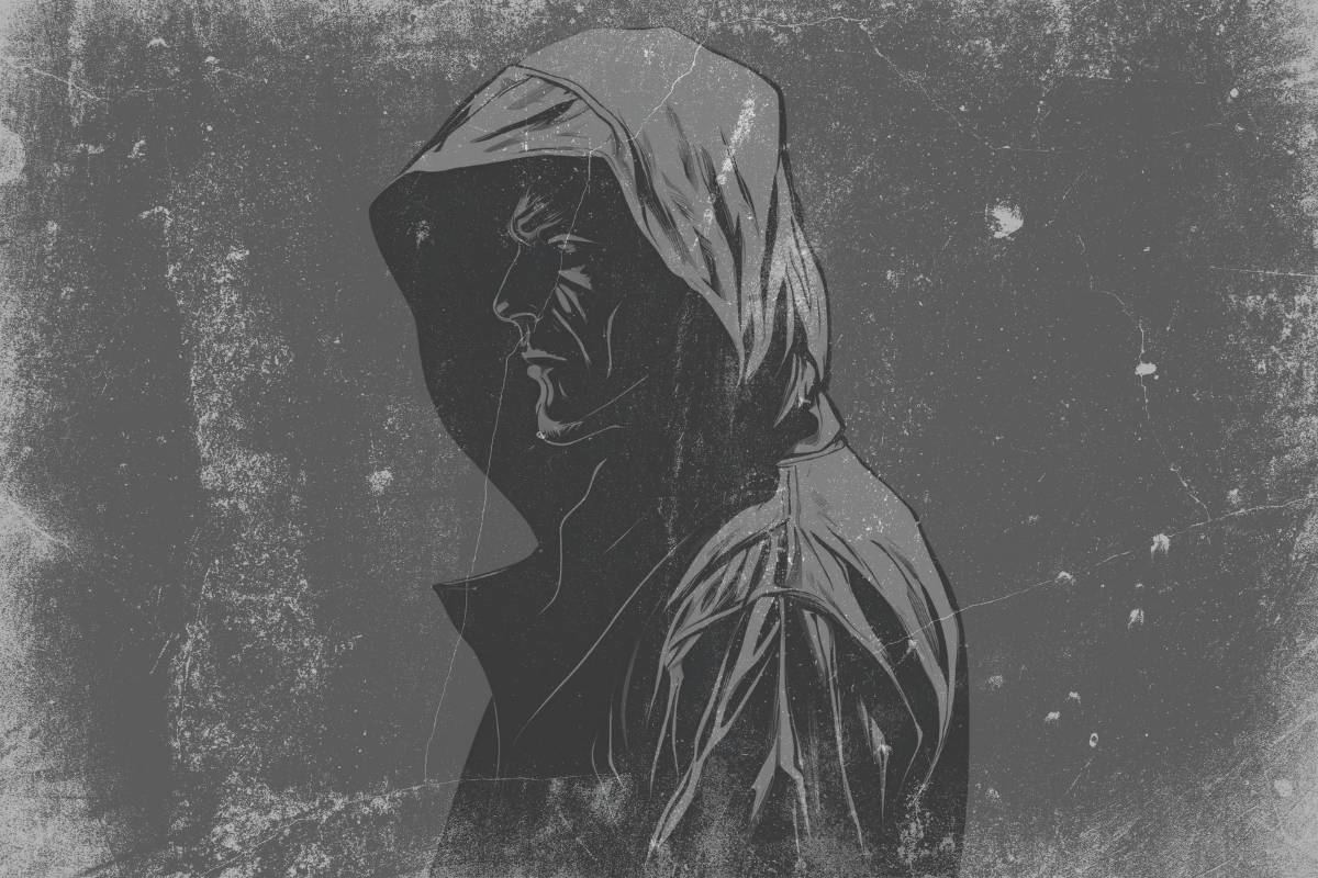 My mental illness is not your bogeyman. Drawing of a man wearing a hooded jacket.