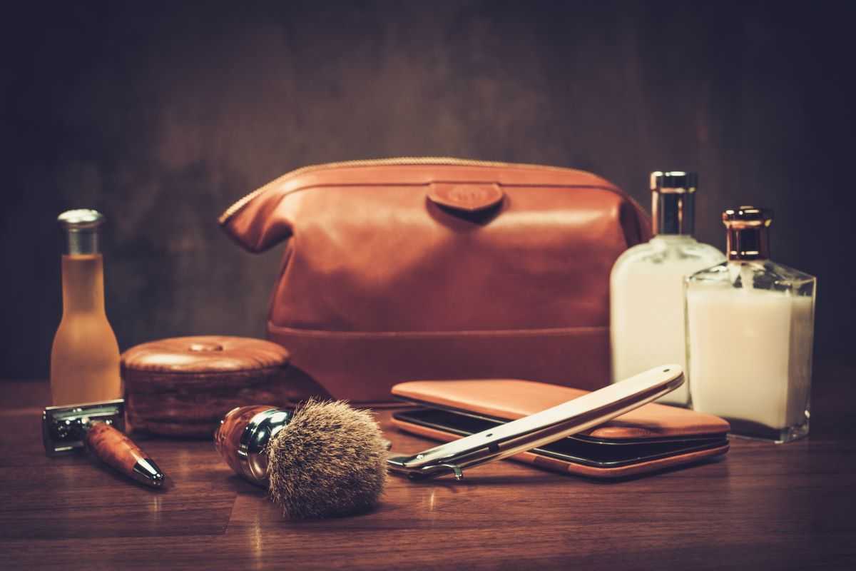 Men's hygiene and grooming kit on a table.