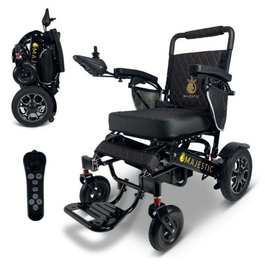 ComfyGo Majestic IQ-7000 folding electric wheelchair for air travel with remote control.