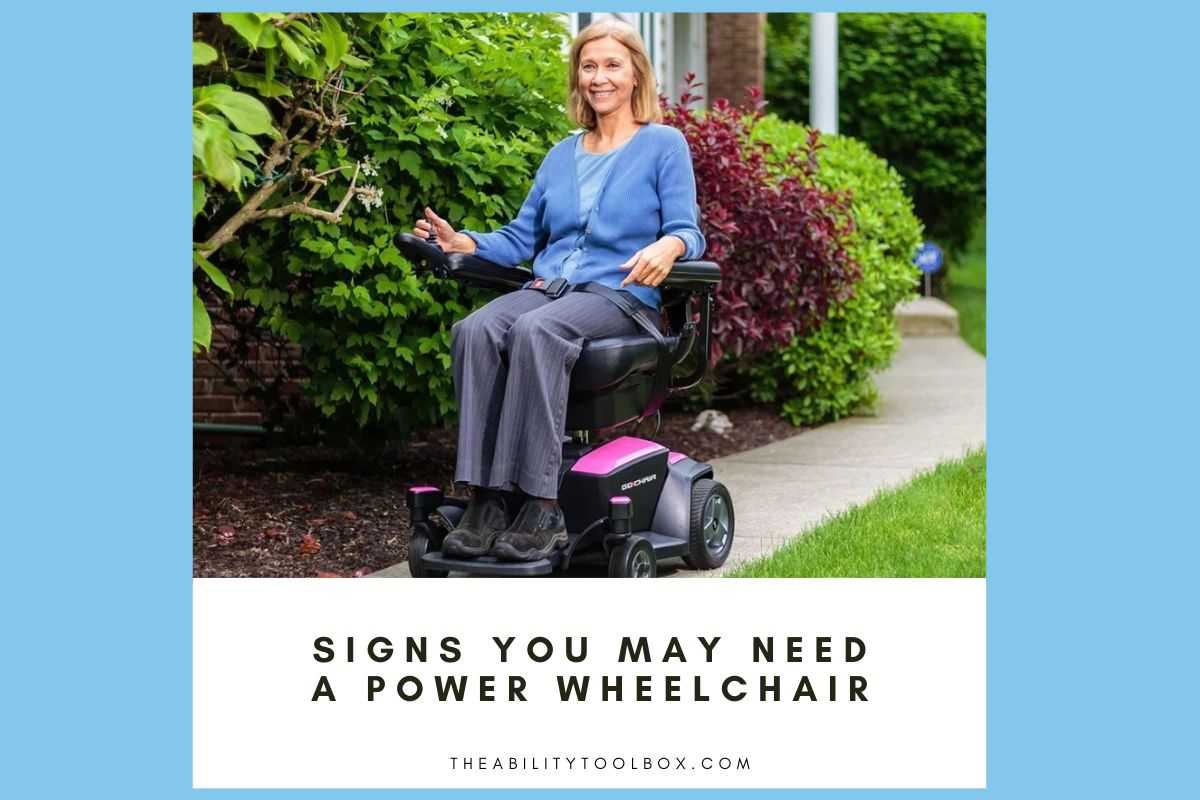 Signs you may need a power wheelchair. Happy woman using pink electric wheelchair.