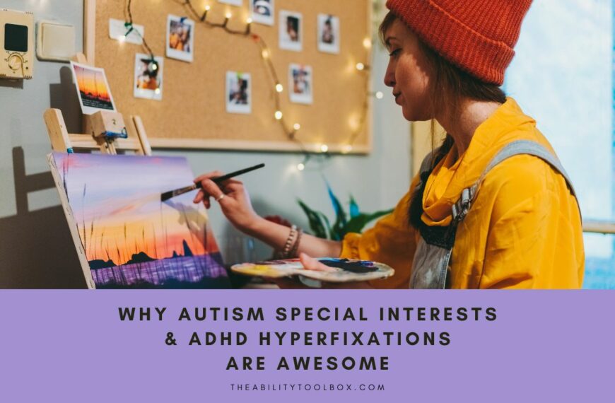 Understanding autism special interests and ADHD hyperfixations. Woman painting with a board of photos behind her.