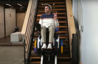 Mark Rober using a stair climbing wheelchair in a viral video.