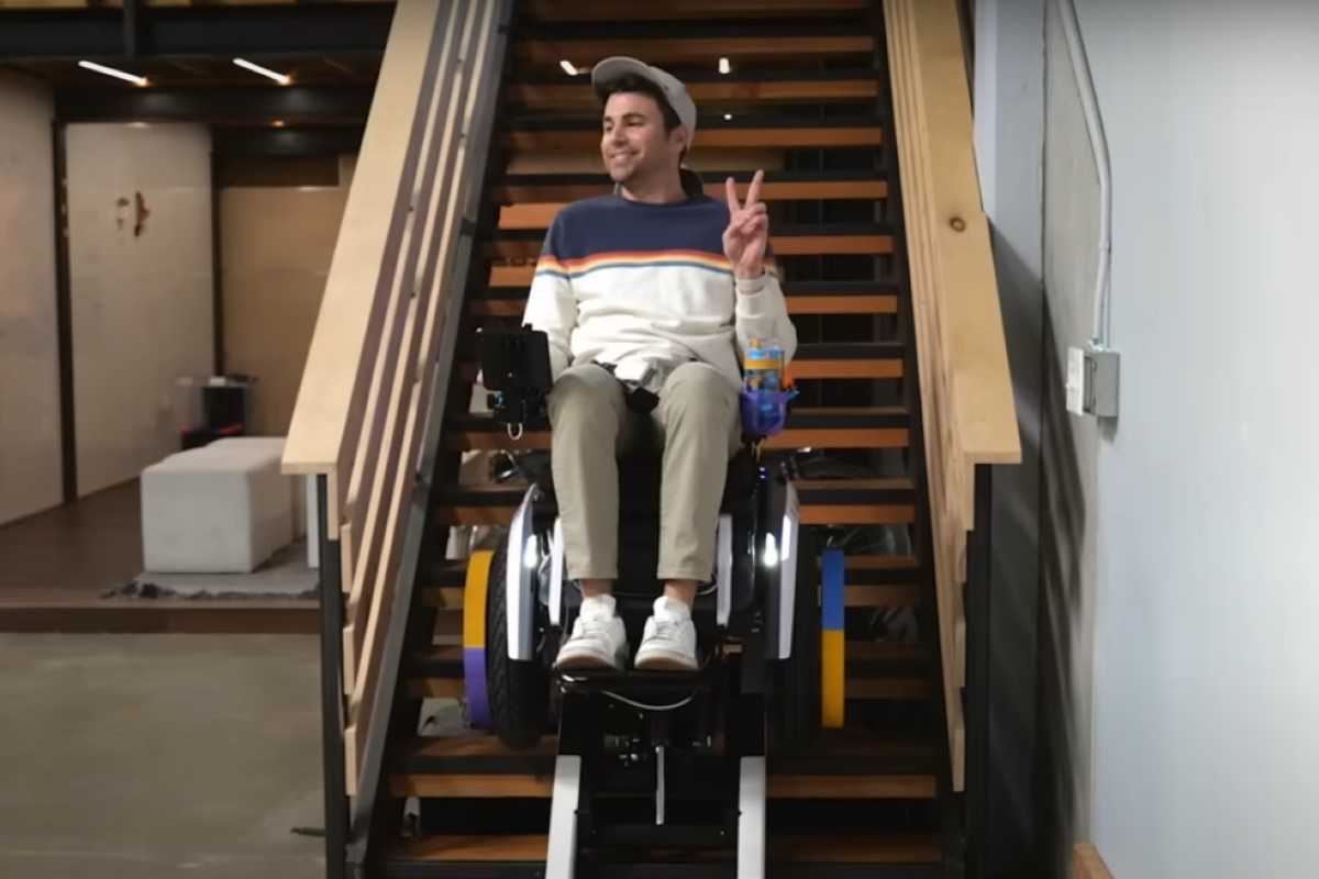 Mark Rober using a stair climbing wheelchair in a viral video.