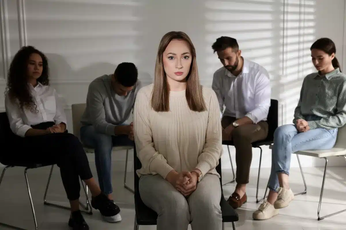 Woman with addiction denial in a support group.